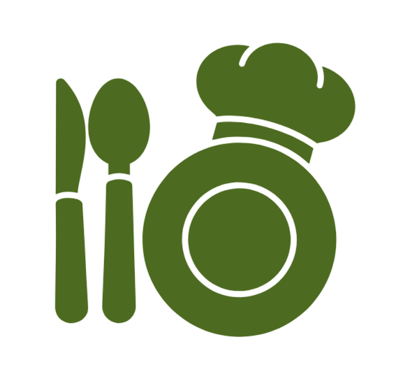 Picto vert d'un couteau, d'une cuillère, une assiette et toque de cuisine de Njoy Healthy